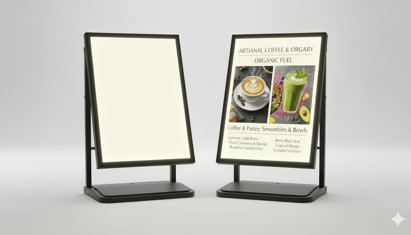 LED display front and back showing café menu