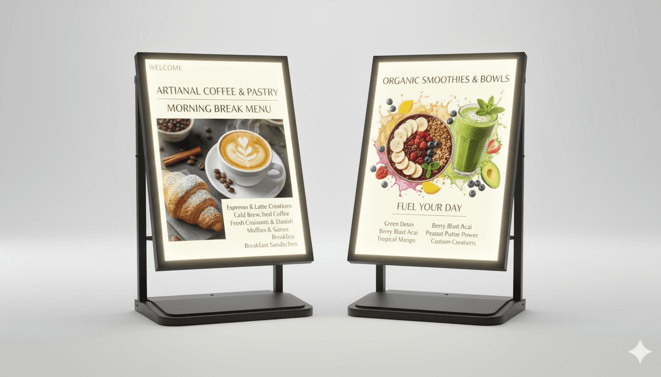 Two LED displays showing coffee and smoothie menus