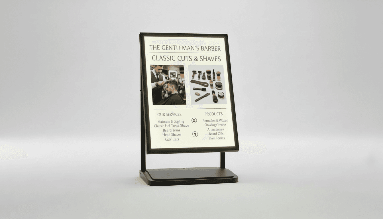 LED display with barber services and pricing