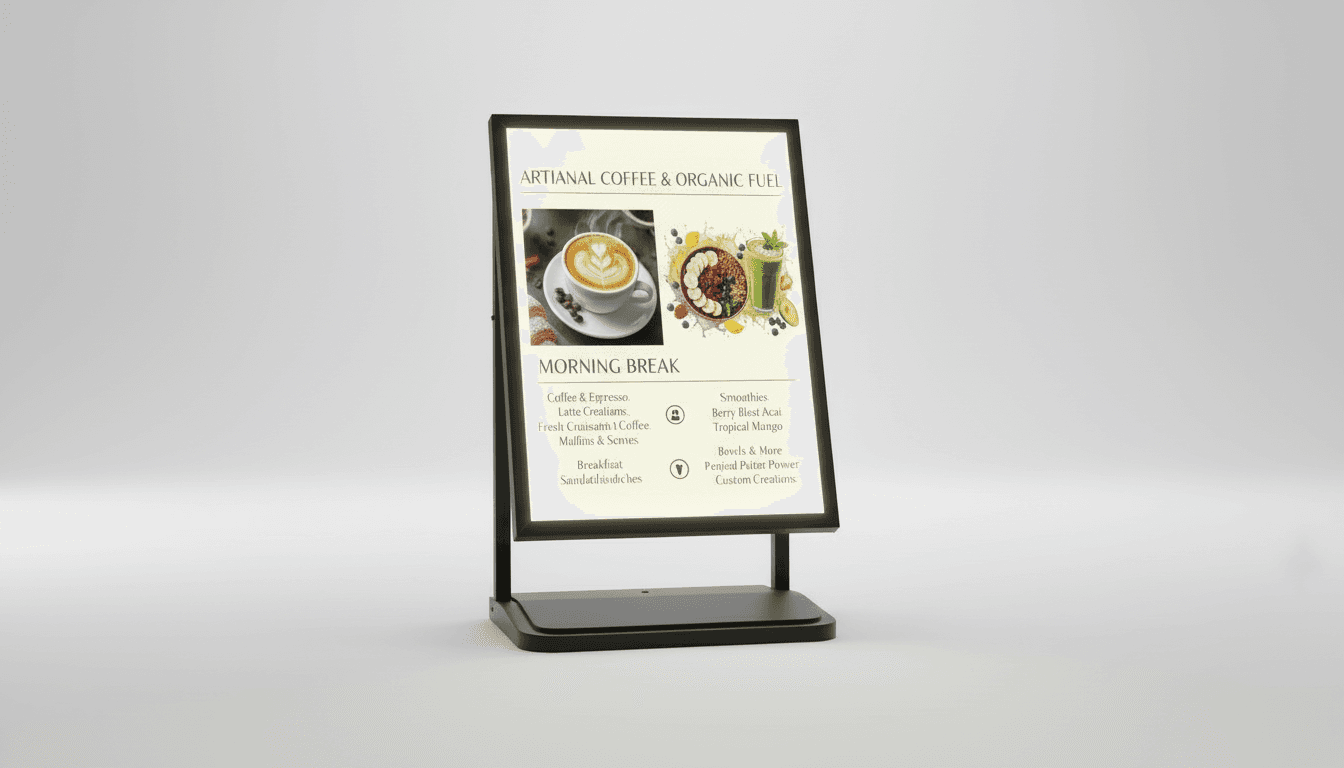 LED display with artisanal coffee and organic fuel menu